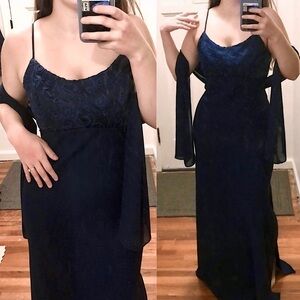 Vintage 90s Beaded Navy Blue Evening Dress with Sash | Medium
